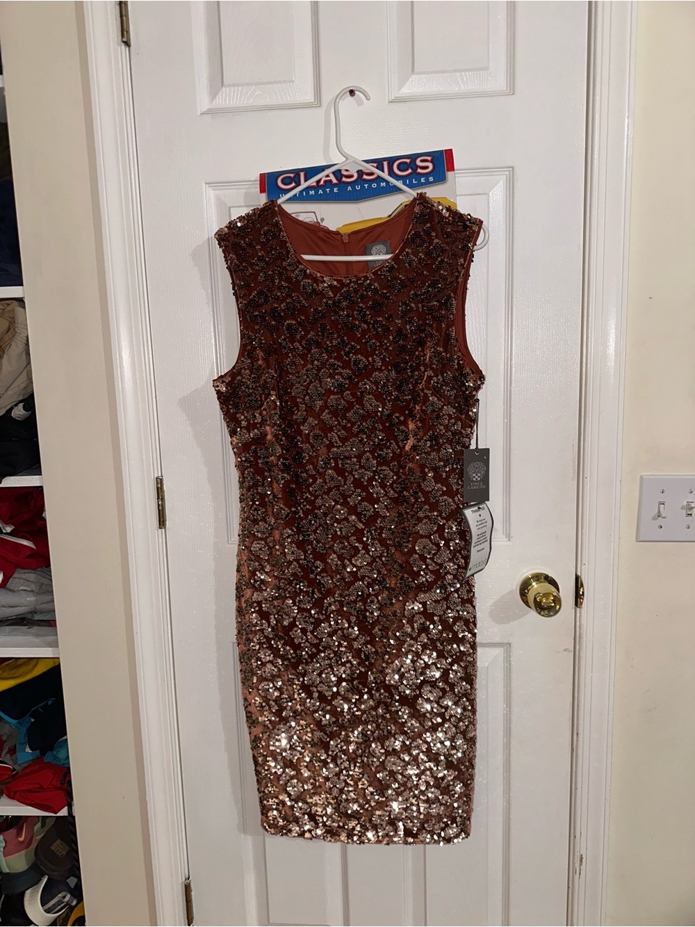Vince Camuto Rose Gold Sequin Midi Sheath Dress